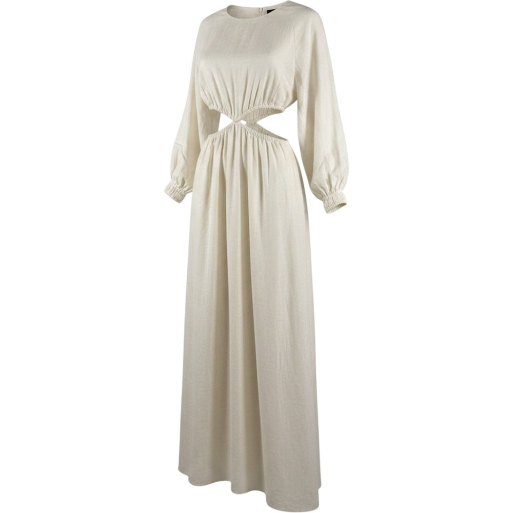 VICI Small Cream Cutout Maxi Long Sleeve Boho Coastal White Summer Linen-Look